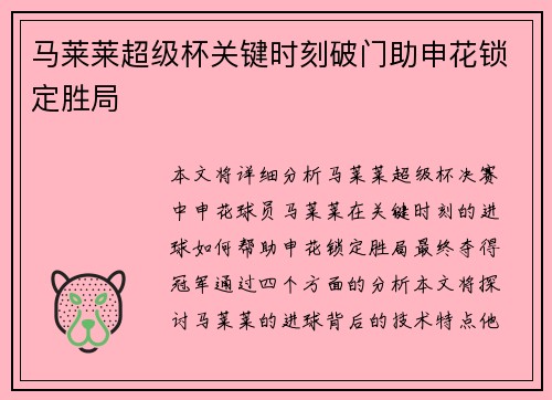 马莱莱超级杯关键时刻破门助申花锁定胜局